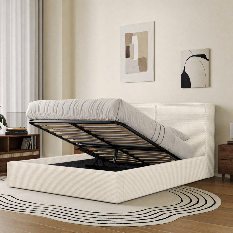 Ottoman Storage Bed Frame with Gas Lift Storage, Corduroy Upholstered Ottoman Bed Easy to Assemble with Just 26 Screws, No Box Spring Required -10 Year Warranty