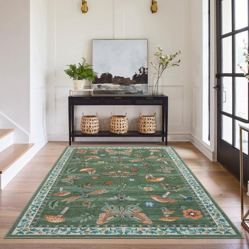 Floral Machine Washable Rug with Non-Slip Backing, Soft Thin Low Pile Non Shedding Floor Carpet, Indoor Foldable Printed Accent Mat for Living Room/Nursery/Bedroom