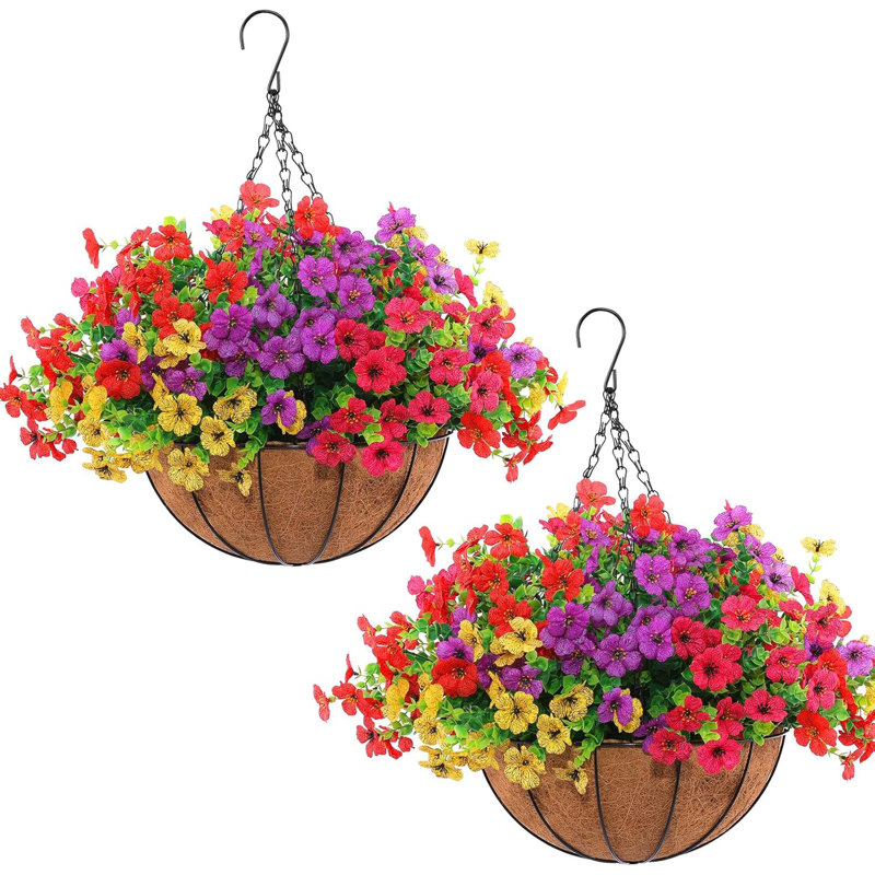 2 Sets Hanging Artificial Flowers With Baskets