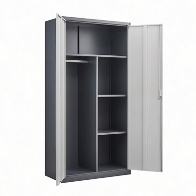 Garde-robe de grande capacité en métal gris avec tringle et compartiments, armoire verrouillable avec serrures et clés, fabrication en acier, imperméable et ignifuge, convient à la chambre à coucher, au salon et à la salle de lavage.