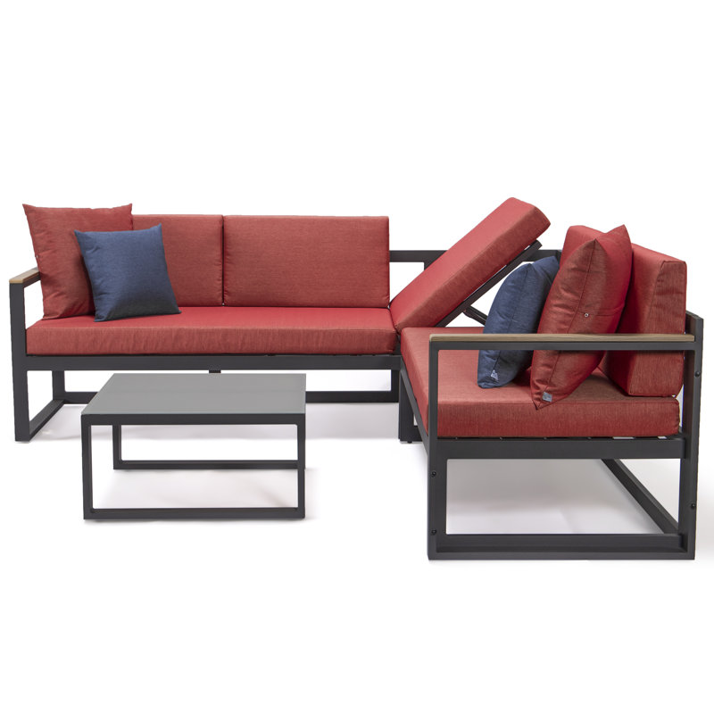 Ensemble de conversation d'extérieur en aluminium noir 3 pièces avec canapé, causeuse et table basse Zahava, Rouge