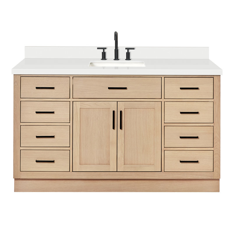 Meuble-lavabo simple en bois massif Tidworth avec plateau en quartz blanc de 1,5 po, Chêne naturel, Forme rectangulaire