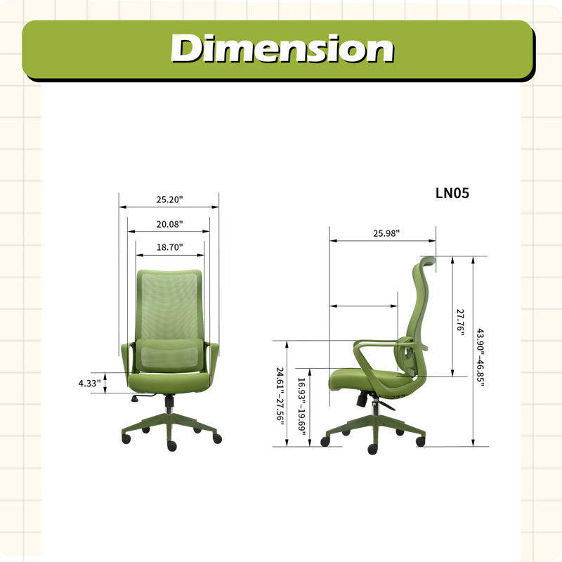 Fauteuil de bureau ergonomique 350LBS, Vert, Vert