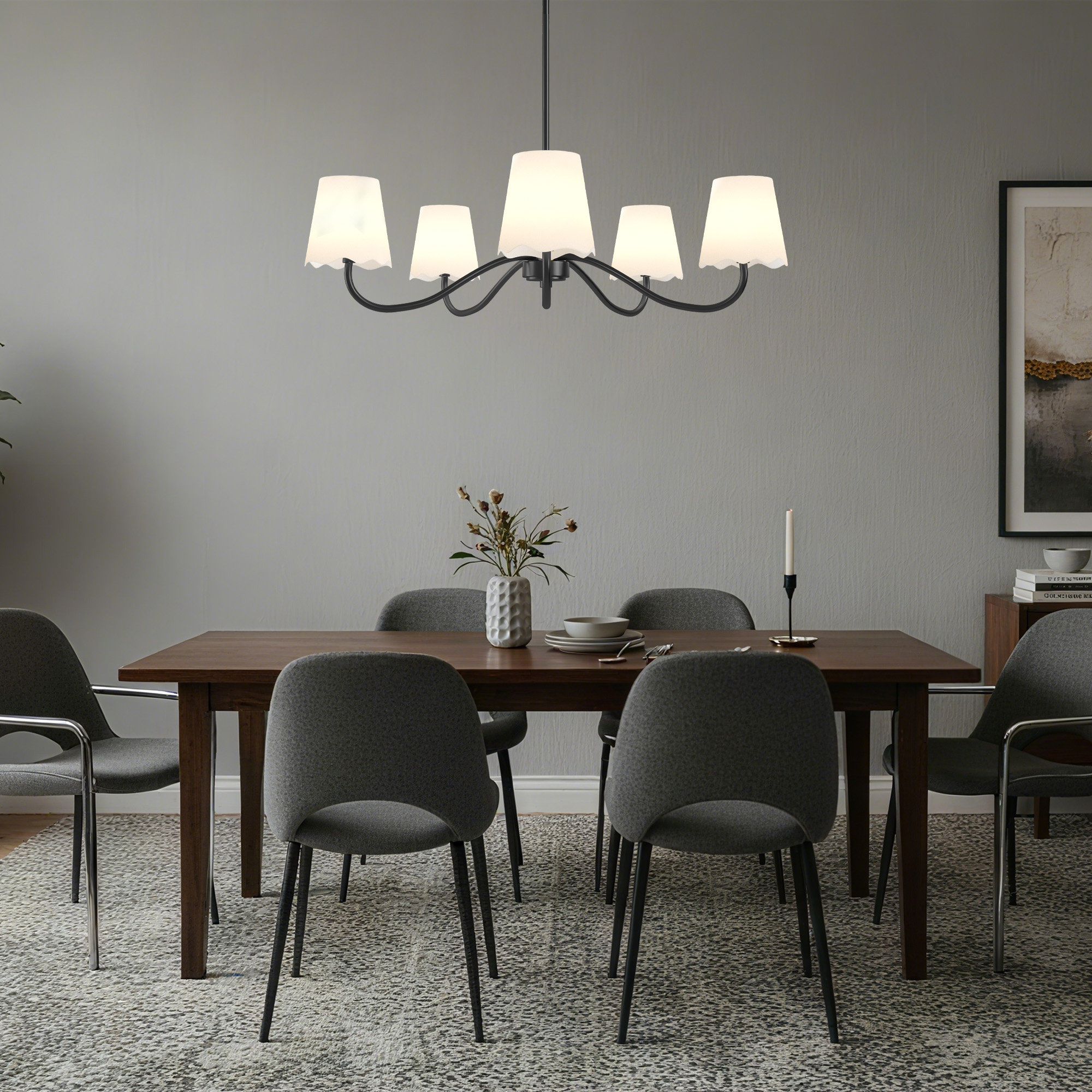 5-light Brush & White Burlap Modern Farmhouse Chandelier With Kd Shades For Dining Room, Matte Black