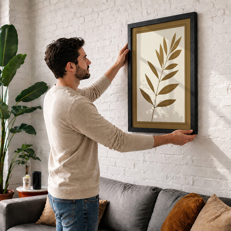 Single Stem in Gold Botanical - Framed Print, Black, A3 - 42.0 x 29.7 cm