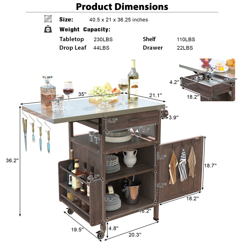 Chariot de cuisine pour l'extérieur avec roulettes verrouillables, Brun