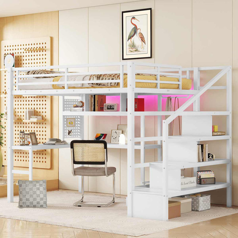 Lit mezzanine double avec lumière DEL et station de charge, lit mezzanine avec bureau et garde-robe pour enfants, Blanc
