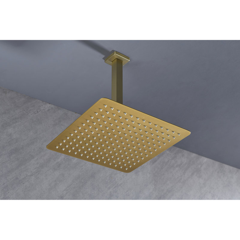 Bathroom Stainless Steel Rain Shower Head - Brushed Gold 12x12 In High Water Saving With Self-cleaning Feature Plaque Rainfall Cleanable Nozzle