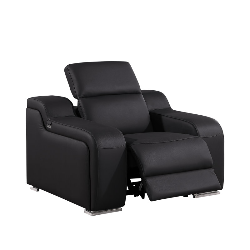 Divanitalia Top Grain Italian Leather Power Reclining Chair With Power Headrests, Black
