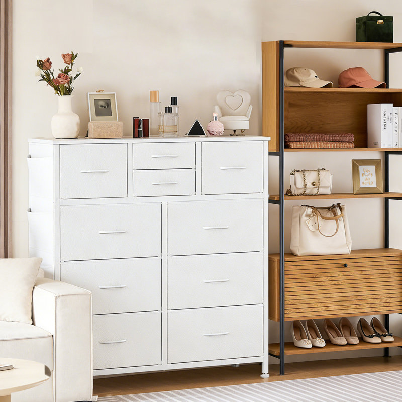 38.98"W 10-Drawer Fabric Dresser with Wood Top and Side Pockets, Storage Chest, White