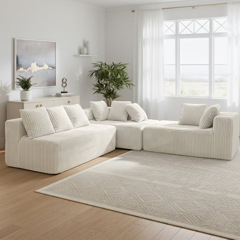 130" Cloud Boneless Couch Modular U-Shaped Sectional Sofa, 4-Seater with Reversible Chaise, Striped Corduroy Fabric for Living Room or Bedroom