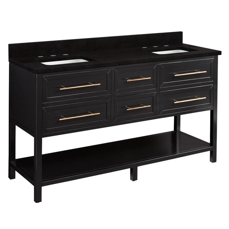 Ensemble de meuble-lavabo double 60 po avec lavabo sous le comptoir Robertson, Noir, 8 po, Quartz blanc plume