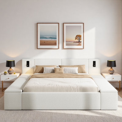 Modern Upholstered Platform Bed With Massive Hidden Storage, Built-in Nightstands And Led Reading Lights