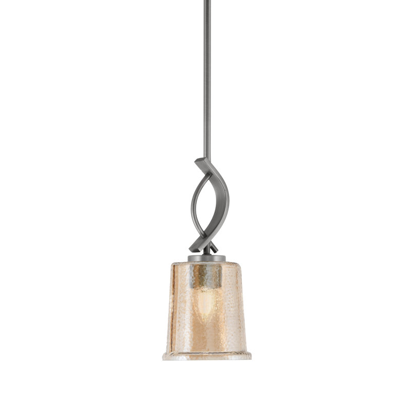 Suspension miniature Waldes Stem Hung présentée ici en finition laiton New Age avec verre fumé à bulles de 13,3 cm (5,25 po).