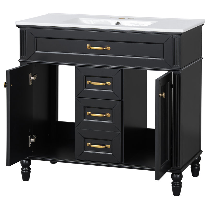 Meuble-lavabo 36 po avec lavabo en céramique, 3 tiroirs et 2 armoires, Black