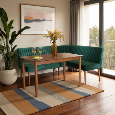 Jacobs 3-Pc Set Green Velvet Upholstered & Brown Finish Dining Nook, 27.59" H X 47.11" W X 27.33" D