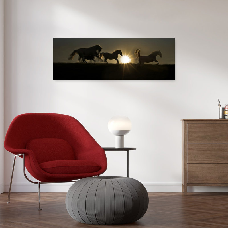 Galloping Horses Sunset by Milan Malovrh - Wrapped Canvas Panoramic Print, 30.48 cm H x 91.44 cm W