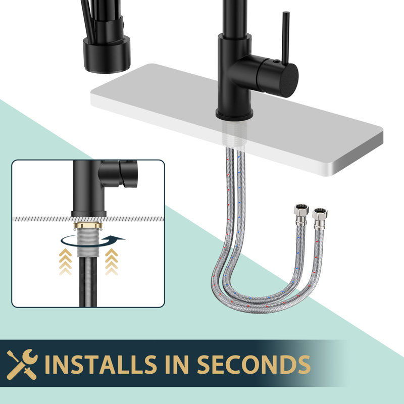 Robinet de cuisine rétractable avec plaque de pont, Noir