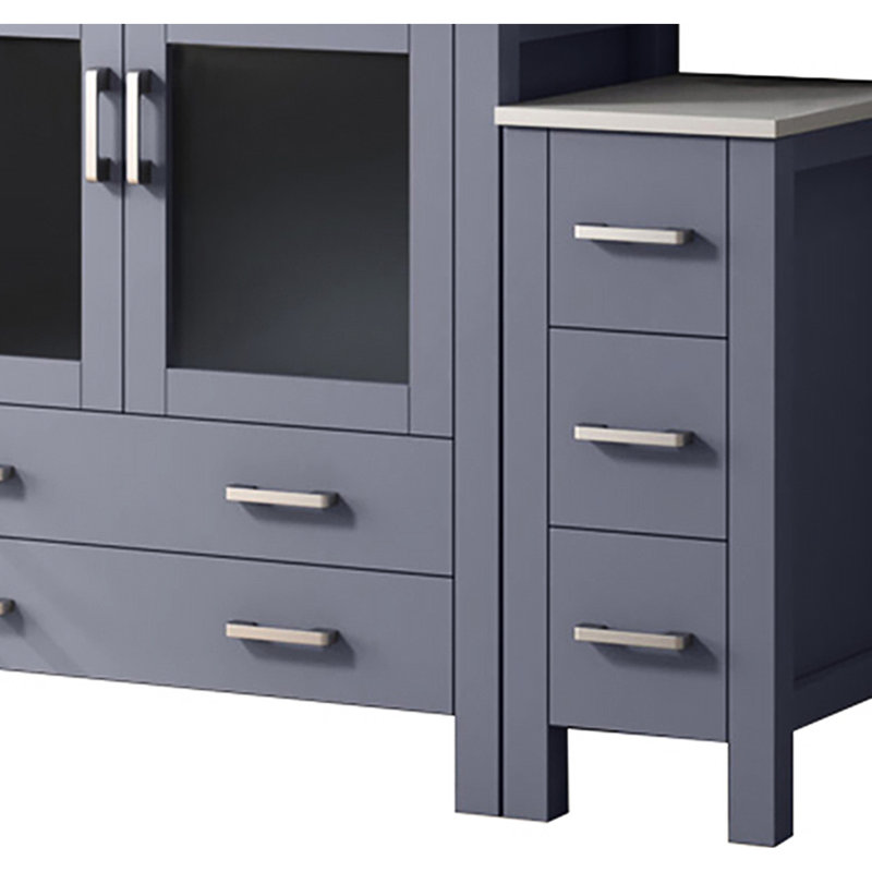 Meuble-lavabo simple avec armoires latérales, comptoir en céramique blanche, robinet à fermeture en douceur, 1 armoire intérieure et 8 tiroirs pour un grand espace de rangement, surface en grattage, trou en acier inoxydable