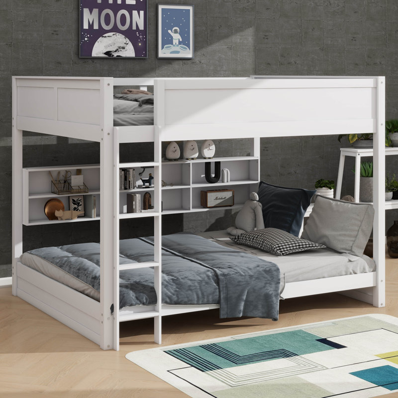 Lit superposé spacieux sur grand lit avec armoires de rangement et ports USB utiles, Blanc