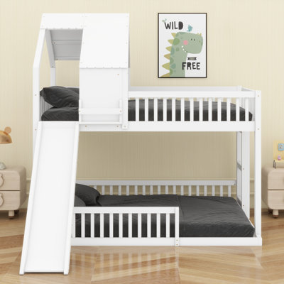 House Style Wooden Bunk Bed Frame with Built-in Ladder & Slide
