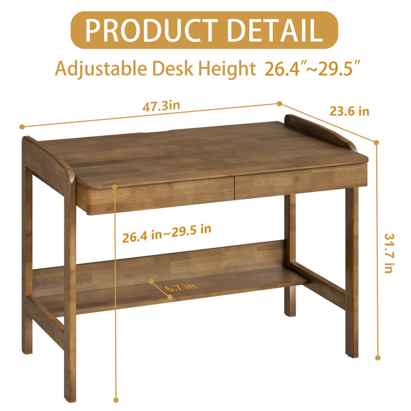 Solid Wood Desk with Drawers - Manual Adjustable Height Standing Computer Desk with Cable Hole, 31.7" H x 47.3'' W x 23.6'' D