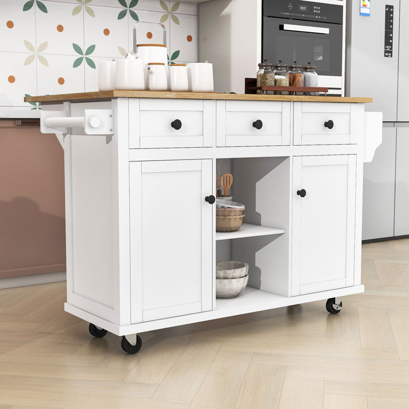 Îlot de cuisine avec armoire de rangement et 3 tiroirs pour salle à manger Dyches, Blanc