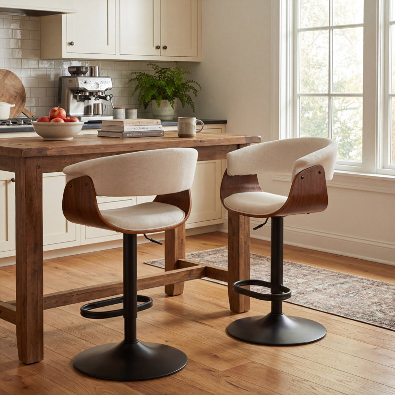 Adjustable Height Bar Stools With Fabric Seat Swivel Stool With Backrest For Kitchen Island, Bar, Home Pub​​, Beige, 2