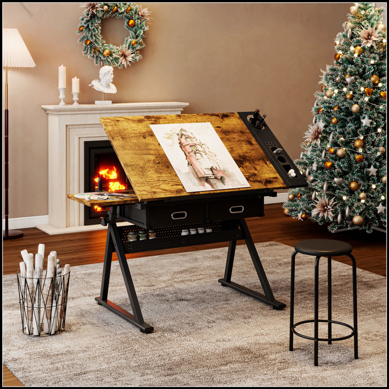 Table à dessin réglable avec 2 tiroirs et tabouret pour le bureau personnel et l'école, parfaite pour les artistes et les étudiants