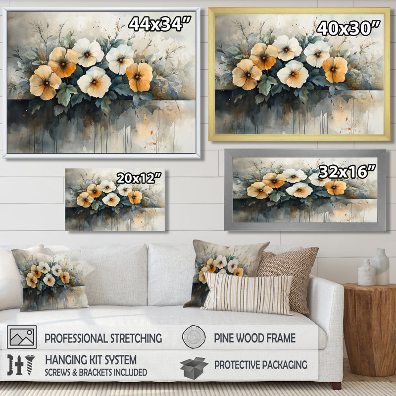 Art sur toile orange, blanc et fleurs de coquelicots I, H 30 po x l 40 po, Reproduction avec cadre flottant, Argent argent