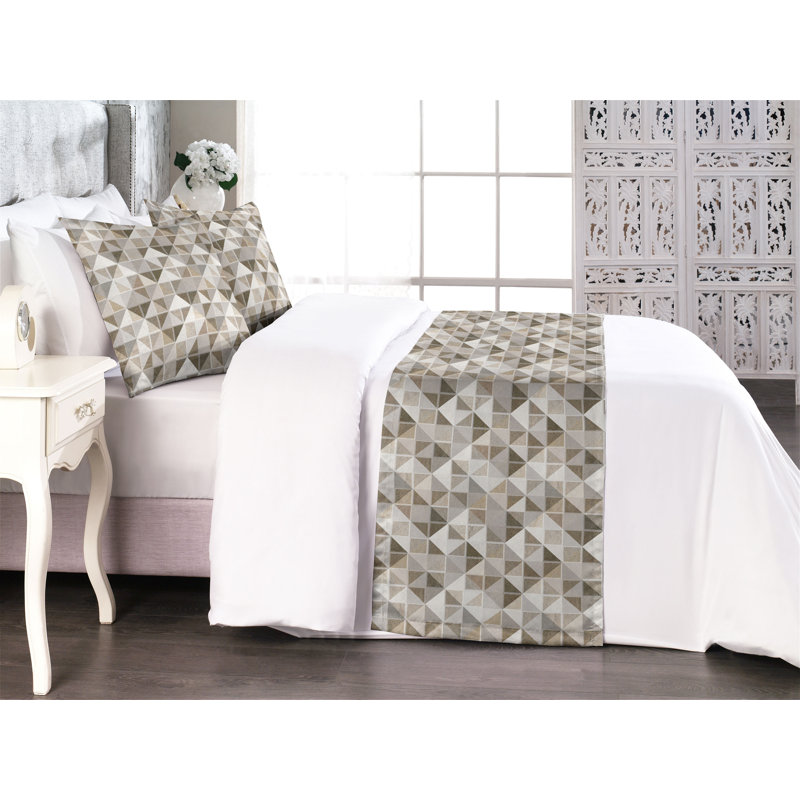 Ambesonne Mosaic Bed Runner Set Wall Art Geometric Square  Charcoal Grey Eggshell, King