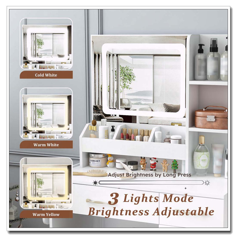 Vanity Desk with LED Mirror, Power Outlet, 3 Drawers, 7 Shelves and Storage Stool