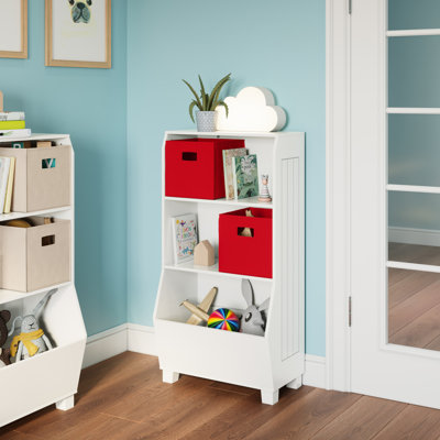 RiverRidge Kids 23in Playroom Bookshelf with Veggie Bin Organizer, 2 Open Toy Storage Shelves, and 2 Fabric Bins