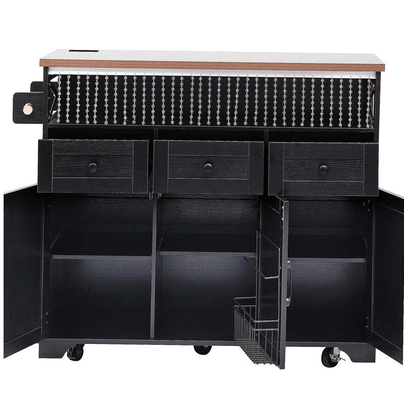 K&K 46.5'' Farmhouse Kitchen Island with Drape of Beads, Power Outlet, Rolling Kitchen Cart on Wheels with Drop Leaf, 3 Doors , 3 Drawers and Internal Iron Shelf, for Kitchen, Dining Room, Black