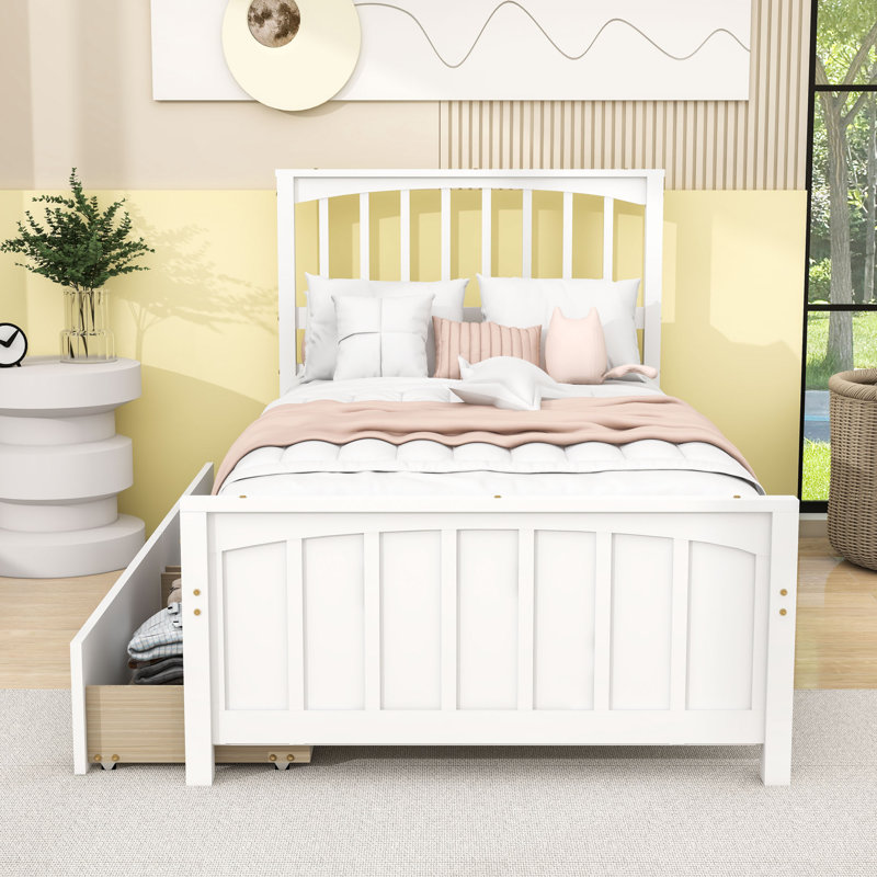 Twin Size Wood Platform Bed with Storage Drawers and Headboard, White