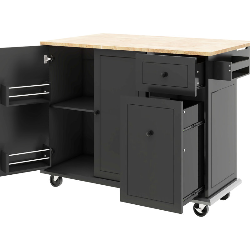 Chariot de cuisine à roulettes Drop Drop, organisateur à 3 armoires, étagère de rangement interne, épice et serviette, noir, îlot 53,9 po avec rangement, feuille, armoire à 3 niveaux, tiroir 53,9 po