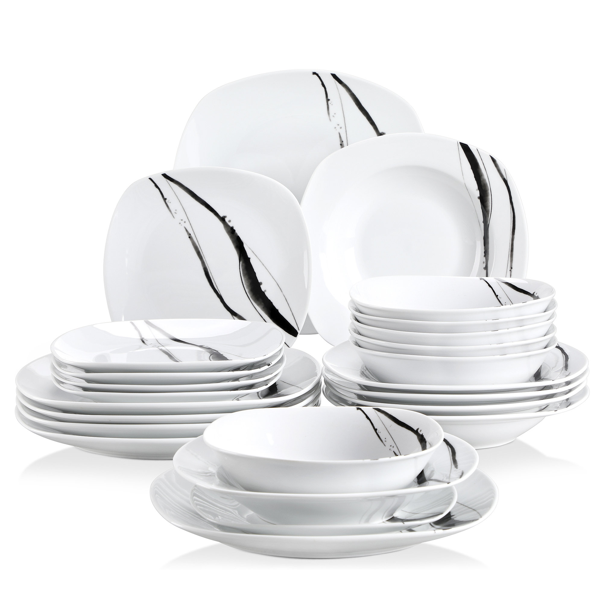 VEWEET, Series Fiona, 30-Piece Dinnerware Sets for 6, White Dishes Set with  Black and Gray Stripes, Porcelain Dinner Set Including Dessert Plates