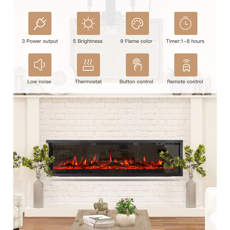 Electric Fireplace Insert Wall Mounted Freestanding Heater Metal Panel With Crystal & Log, 34cm H x 127cm W x 14cm D