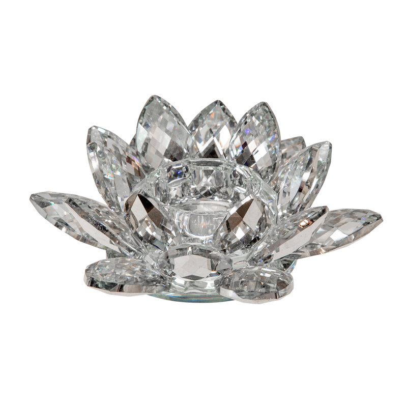 Iridescent Glass Crystal Lotus Votive Candle Holder, 2" H x 6" W x 6" D, Silver