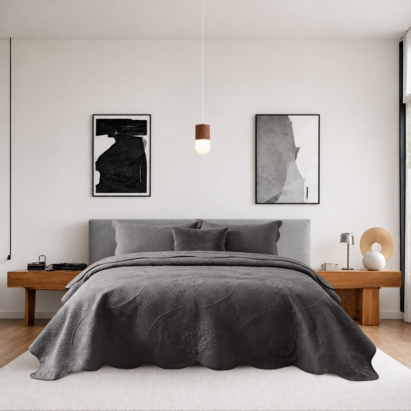 Ensemble de couvre-lit surdimensionné à motif floral Moonlight, King, Gris anthracite