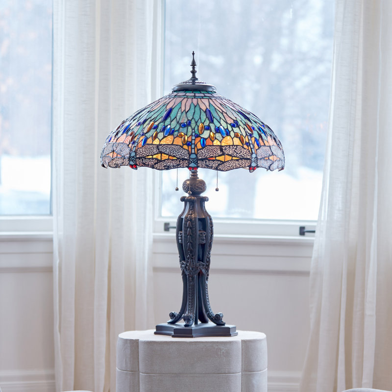 35" Antique Bronze Dragonfly Tiffany-Style Stained Glass Table Lamp