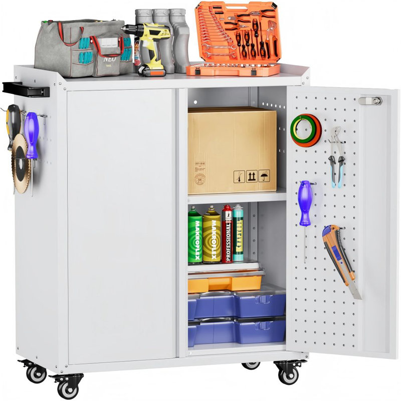 Metal Storage Cabinet with Wheels, Rolling Storage Cabinet with 2 Doors and Adjustable Shelves, Pegboard and 4 Hooks, white