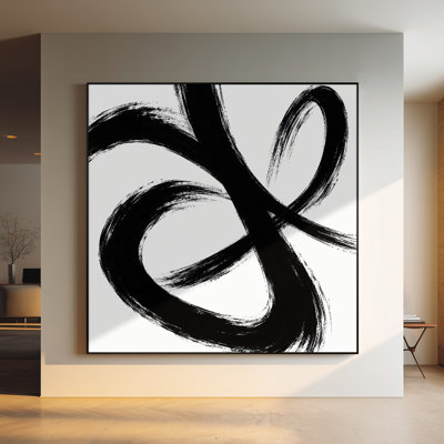 Impression sur tissu grand format - Motif abstrait en boucle noire et blanche pour salon ou chambre - « Assemblage du cadre requis (cadre non fini) »