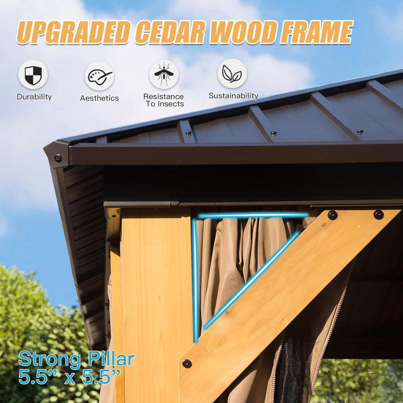 12X16ft Cedar Wood Gazebo, Solid Wood Hardtop Gazebo With Galvanized Steel Double Roof, Netting & Curtains, Outdoor Gazebo For Patio, Backyard, Deck, Lawns