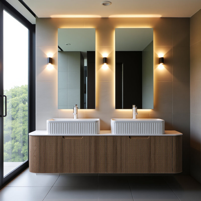 Meuble-lavabo 60 po avec lavabo, armoire de rangement murale à bords courbés et rayés avec 2 tiroirs, 2 lavabos rectangulaires blancs en céramique, sans robinet, pré-assemblé, couleur grain de bois naturel