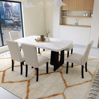 Beige With White 6 Piece Modern Dining Table Set For Dining Kitchen Room, 63 Inch Faux Marble Dining Table With Geometric Legs And 4 Upholstered Chairs And 1 Bench
