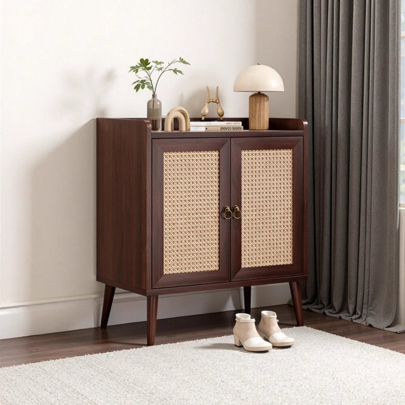 Medieval Style Rattan Sideboard Buffet Cabinet with Storage Walnut Wood Credenza Console Table for Dining Room Living Room Hallway Bar Liquor Cabinet