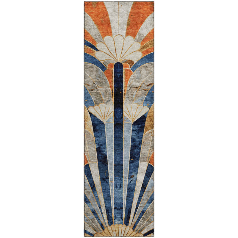 Tapis géométrique de qualité supérieure lavable à la machine Mayfield, Marine, Tapis de couloir 2 pi 3 po x 7 pi 6 po