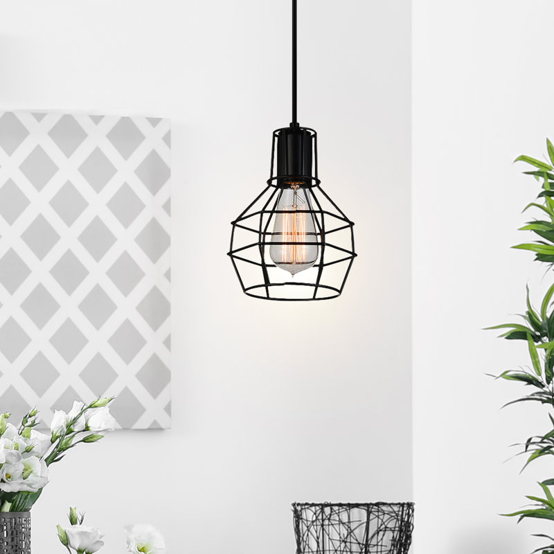 1-Light Mini Pendant, 6-Inch Black Openwork Metal Shade – Rustic Industrial Hanging Light, Black