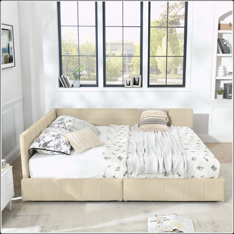 Comfortable Upholstered Sofa Bed Frame with Tufted Backrest and Armrests for Versatile Use, Beige, Queen